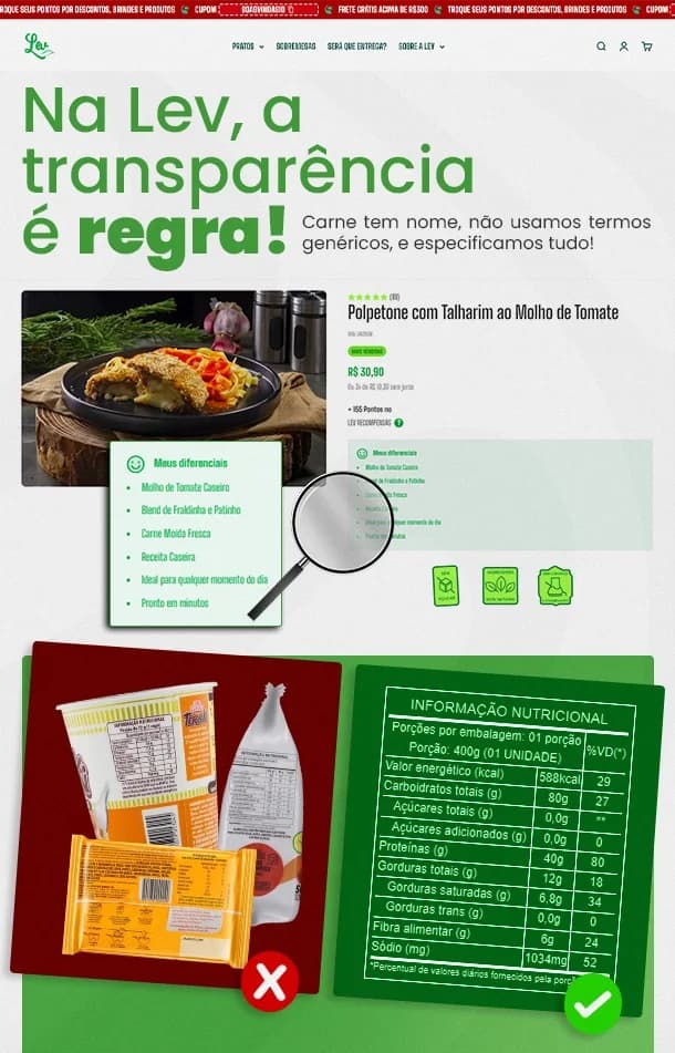 E-mail da Lev sobre transparência, mostrando a página de produto e a tabela nutricional