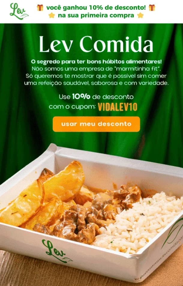 E-mail de boas-vindas da Lev com cupom de 10% na primeira compra