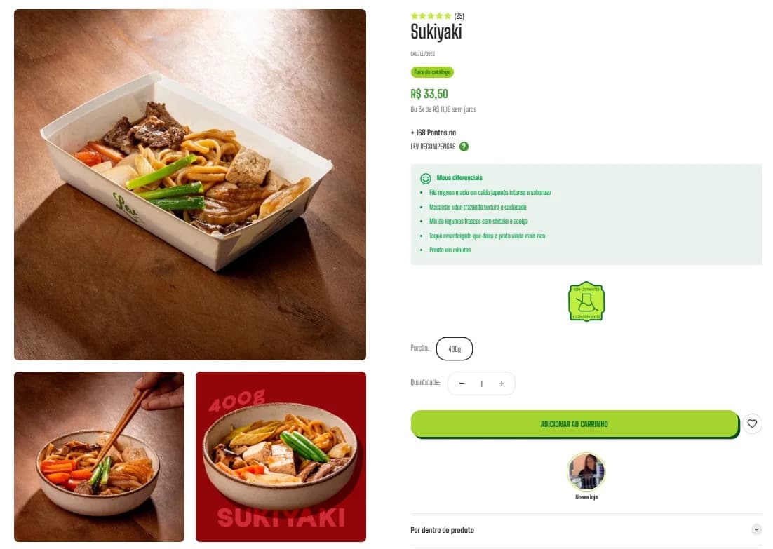 Página de produto do Sukiyaki na loja da Lev, com avaliações, pontos de fidelidade e botão de adicionar ao carrinho