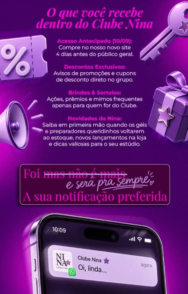 E-mail de boas-vindas ao Clube Nina, com acesso antecipado, descontos e brindes
