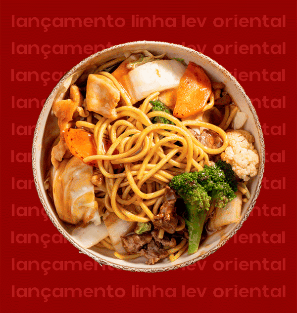 Animação de lançamento da Linha Lev Oriental, yakissoba sobre fundo vermelho